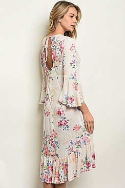 Bell Sleeves Floral Print Midi Dress - Pack of 6 Pieces