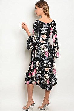 Long Bell Sleeves Floral Print Midi Dress - Pack of 6 Pieces