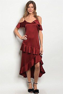 Drop Sleeve Cold Shoulder Ruffled Satin Dress - Pack of 6 Pieces