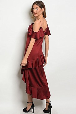 Drop Sleeve Cold Shoulder Ruffled Satin Dress - Pack of 6 Pieces