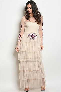 Long Sleeve Tiered Tulle Mesh Maxi Dress - Pack of 6 Pieces
