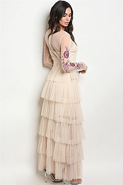 Long Sleeve Tiered Tulle Mesh Maxi Dress - Pack of 6 Pieces