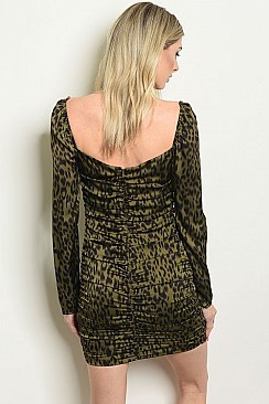 Long Sleeve V-neck Leopard Print Body con Dress - Pack of 6 Pieces