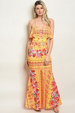Sleeveless Scoop Neck Ruffled Detail Printed Maxi Dress - Pack of 6 Pieces