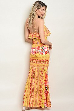 Sleeveless Scoop Neck Ruffled Detail Printed Maxi Dress - Pack of 6 Pieces