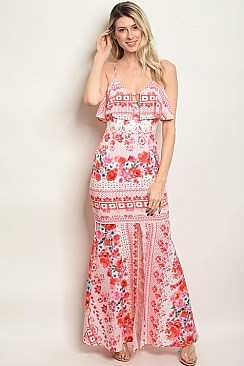 Sleeveless Scoop Neck Ruffled Detail Printed Maxi Dress - Pack of 6 Pieces
