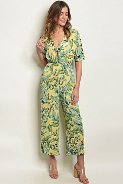 Short Sleeve V-neck Palm Print Jumpsuit - Pack of 6 Pieces