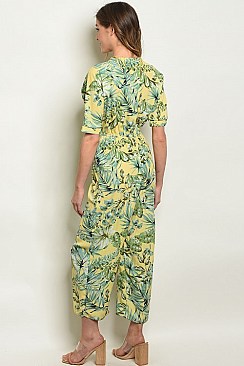 Short Sleeve V-neck Palm Print Jumpsuit - Pack of 6 Pieces