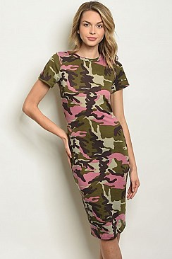 Short Sleeve Round Neckline Camouflage Midi Dress - Pack of 6 Pieces