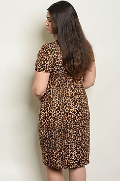 Plus Size Short Sleeve V-Neck Leopard Print Tunic Dress - Pack of 6 Pieces