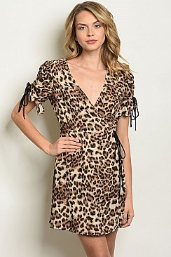 Short Puff Sleeve V-neck Leopard Print Wrap Dress - Pack of 6 Pieces