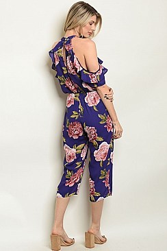 Short Sleeve Cold Shoulder Ruffled Floral Jumpsuit - Pack of 6 Pieces