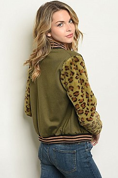 Long Sleeve Faux Fur Leopard Bomber Jacket - Pack of 6 Pieces