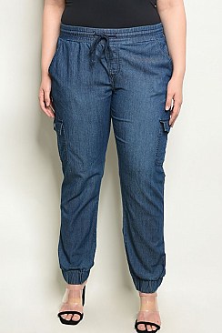 Plus Size Elastic Waistband Jogger Style Denim Chambray Pants - Pack of 6 Pieces