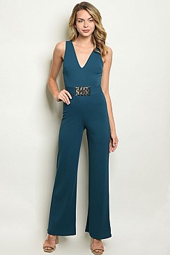 Sleeveless V-neck Belted Wide Leg Jumpsuit - Pack of 6 Pieces