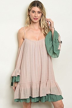 Long Bell Sleeve Cold Shoulder Scoop Neck Tunic Dress - Pack of 6 Pieces