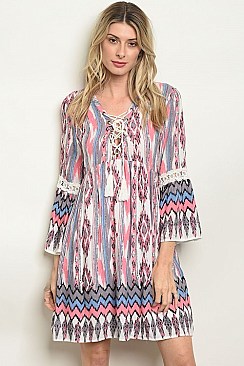 Long Sleeve V-neck Printed Tunic Dress - Pack of 6 Pieces