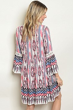 Long Sleeve V-neck Printed Tunic Dress - Pack of 6 Pieces