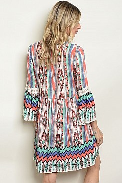 Long Sleeve V-neck Printed Tunic Dress - Pack of 6 Pieces