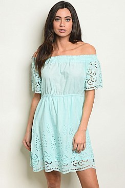 Short Sleeve Off The Shoulder Eyelet Tunic Dress - Pack 6 Pieces