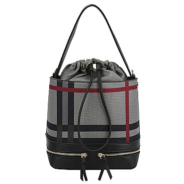 Drawstring Checker Plaid Print Linen Bucket Satchel
