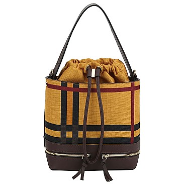 Drawstring Checker Plaid Print Linen Bucket Satchel