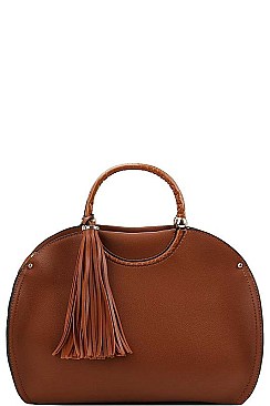 OVAL SIDE CROCO TEXTURED TASSEL SATCHEL WITH LONG STRAP