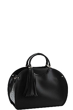 OVAL SIDE CROCO TEXTURED TASSEL SATCHEL WITH LONG STRAP