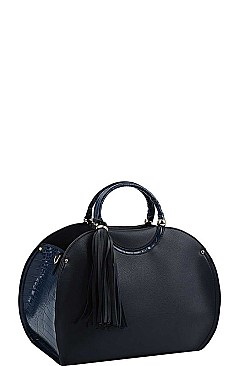 OVAL SIDE CROCO TEXTURED TASSEL SATCHEL WITH LONG STRAP