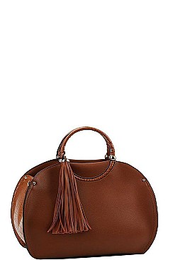 OVAL SIDE CROCO TEXTURED TASSEL SATCHEL WITH LONG STRAP