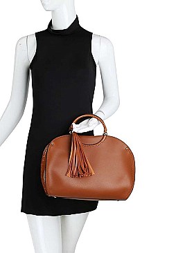 OVAL SIDE CROCO TEXTURED TASSEL SATCHEL WITH LONG STRAP