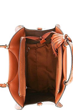 OVAL SIDE CROCO TEXTURED TASSEL SATCHEL WITH LONG STRAP