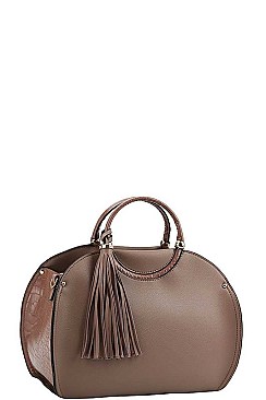OVAL SIDE CROCO TEXTURED TASSEL SATCHEL WITH LONG STRAP