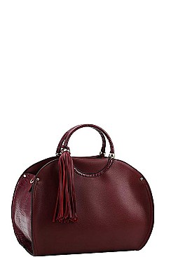 OVAL SIDE CROCO TEXTURED TASSEL SATCHEL WITH LONG STRAP