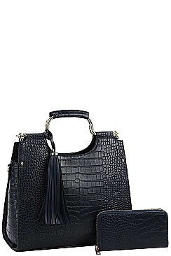 2 IN 1 CROC STYLISH TASSEL ACCENT SATCHEL WALLET SET