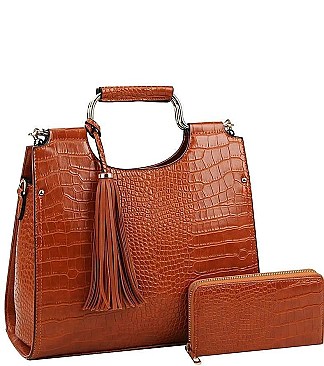2 IN 1 CROC STYLISH TASSEL ACCENT SATCHEL WALLET SET