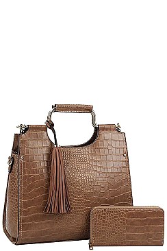 2 IN 1 CROC STYLISH TASSEL ACCENT SATCHEL WALLET SET