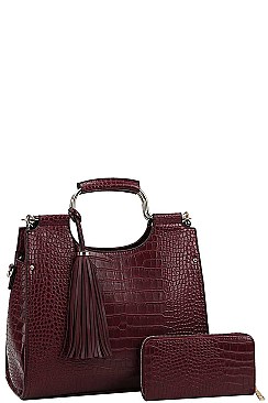 2 IN 1 CROC STYLISH TASSEL ACCENT SATCHEL WALLET SET