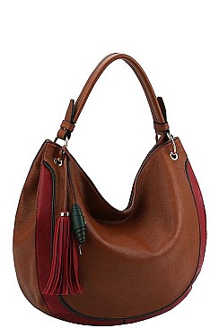 TWO TONE TASSEL HOBO BAG WITH LONG STRAP