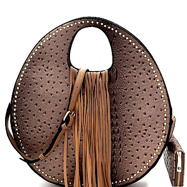 Ostrich Print Embossed Fringed Round Boutique Satchel Wallet SET