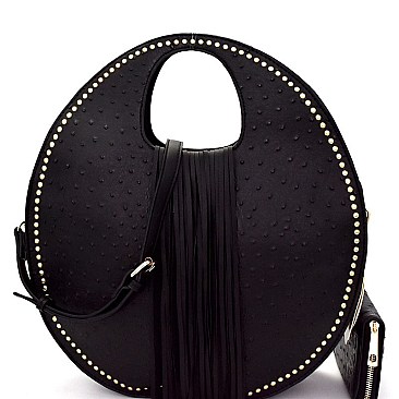 Ostrich Print Embossed Fringed Round Boutique Satchel Wallet SET