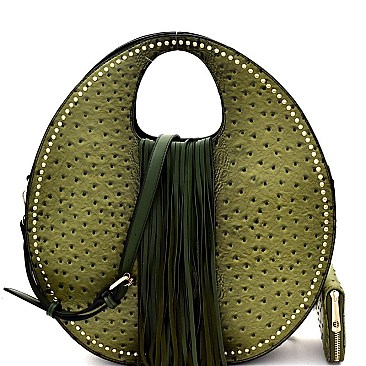 Ostrich Print Embossed Fringed Round Boutique Satchel Wallet SET