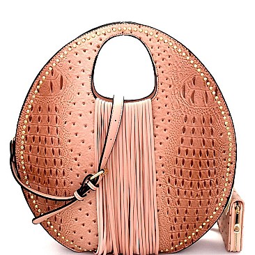 Ostrich Print Embossed Fringed Round Boutique Satchel Wallet SET