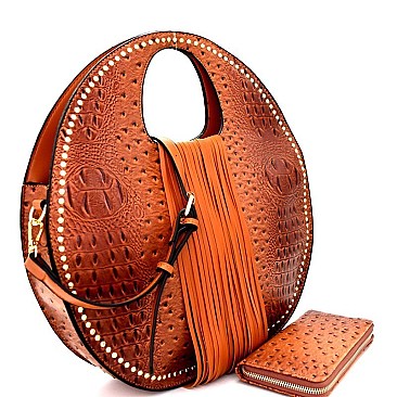 Ostrich Print Embossed Fringed Round Boutique Satchel Wallet SET