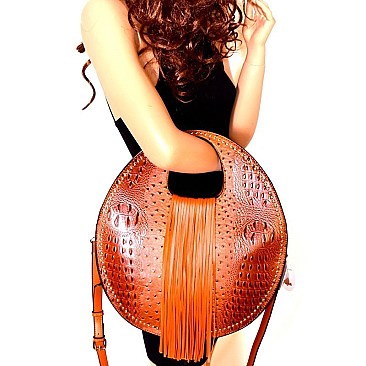 Ostrich Print Embossed Fringed Round Boutique Satchel Wallet SET