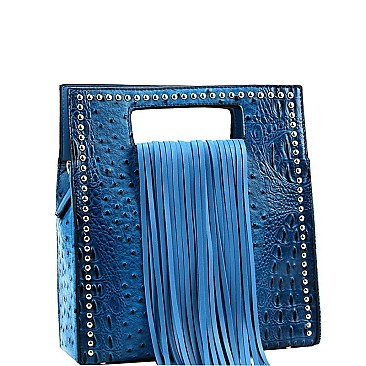 Fringe Accent Ostrich Print Cut-out Handle 2-Way Medium Satchel MH-D0497