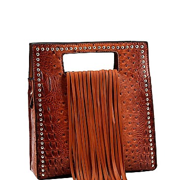 Fringe Accent Ostrich Print Cut-out Handle 2-Way Medium Satchel MH-D0497