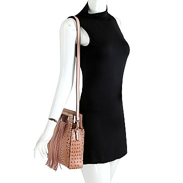 Fringe Accent Ostrich Print Cut-out Handle 2-Way Medium Satchel MH-D0497