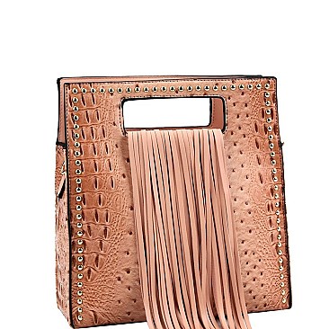 Fringe Accent Ostrich Print Cut-out Handle 2-Way Medium Satchel MH-D0497