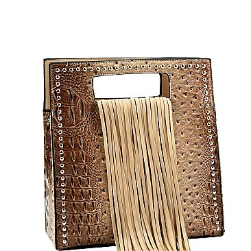 Fringe Accent Ostrich Print Cut-out Handle 2-Way Medium Satchel MH-D0497
